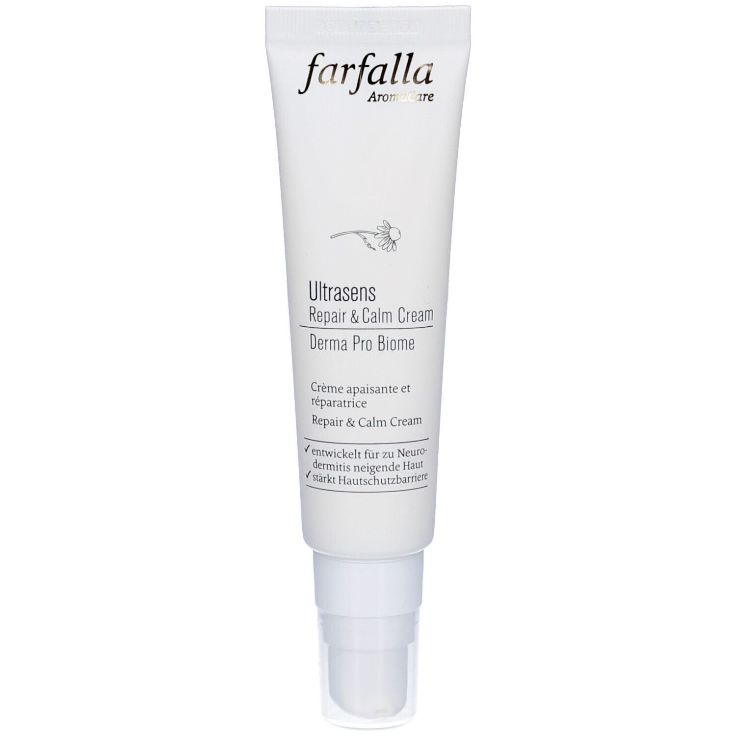 Weiße Tube mit Produktaufschrift: Farfalla Ultrasens Repair & Calm Cream. Mit Dosierpumpe.