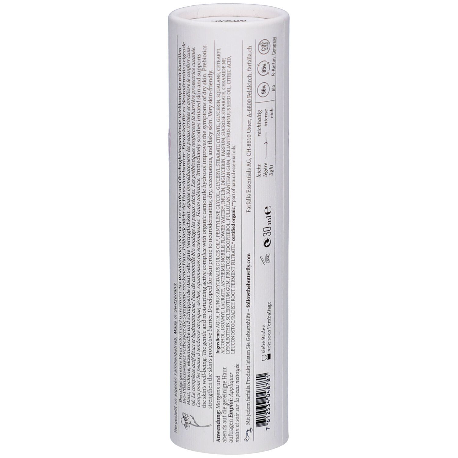 Zylindrische Verpackung. Text mit Inhaltsstoffen, Herstellerangaben und Zertifizierungen.