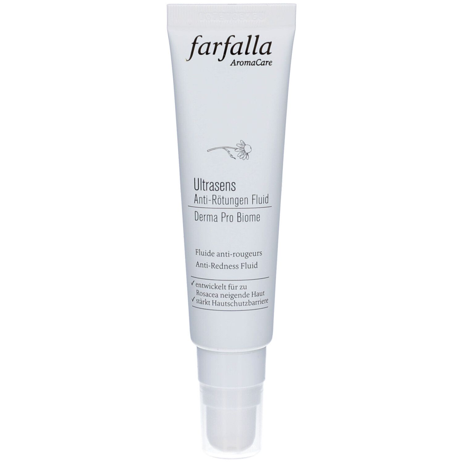 Weiße Tube mit Produktbezeichnung und Logo. Text: Ultrasens Anti-Rötungen Fluid, Derma Pro Biome. Marke: farfalla.