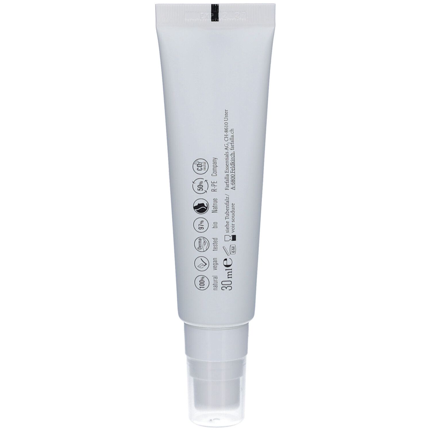 Weiße Tube, Rückseite. Text: 30 ml, Logos für vegan, tierversuchsfrei, etc. Herstellerinformationen.