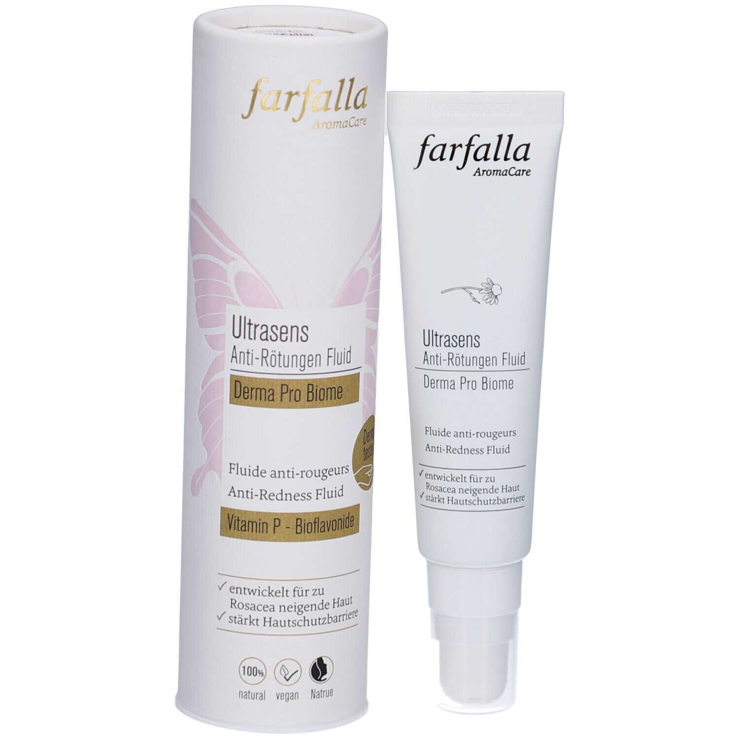 Produkt und Verpackung. Weiße Tube und zylindrische Verpackung. Text: Ultrasens Anti-Rötungen Fluid, Derma Pro Biome.