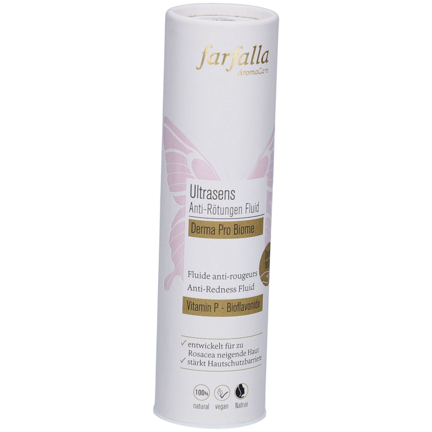 Zylindrische Verpackung. Text: Ultrasens Anti-Rötungen Fluid, Derma Pro Biome. Marke: farfalla. Rosa Schmetterlingsmotiv.