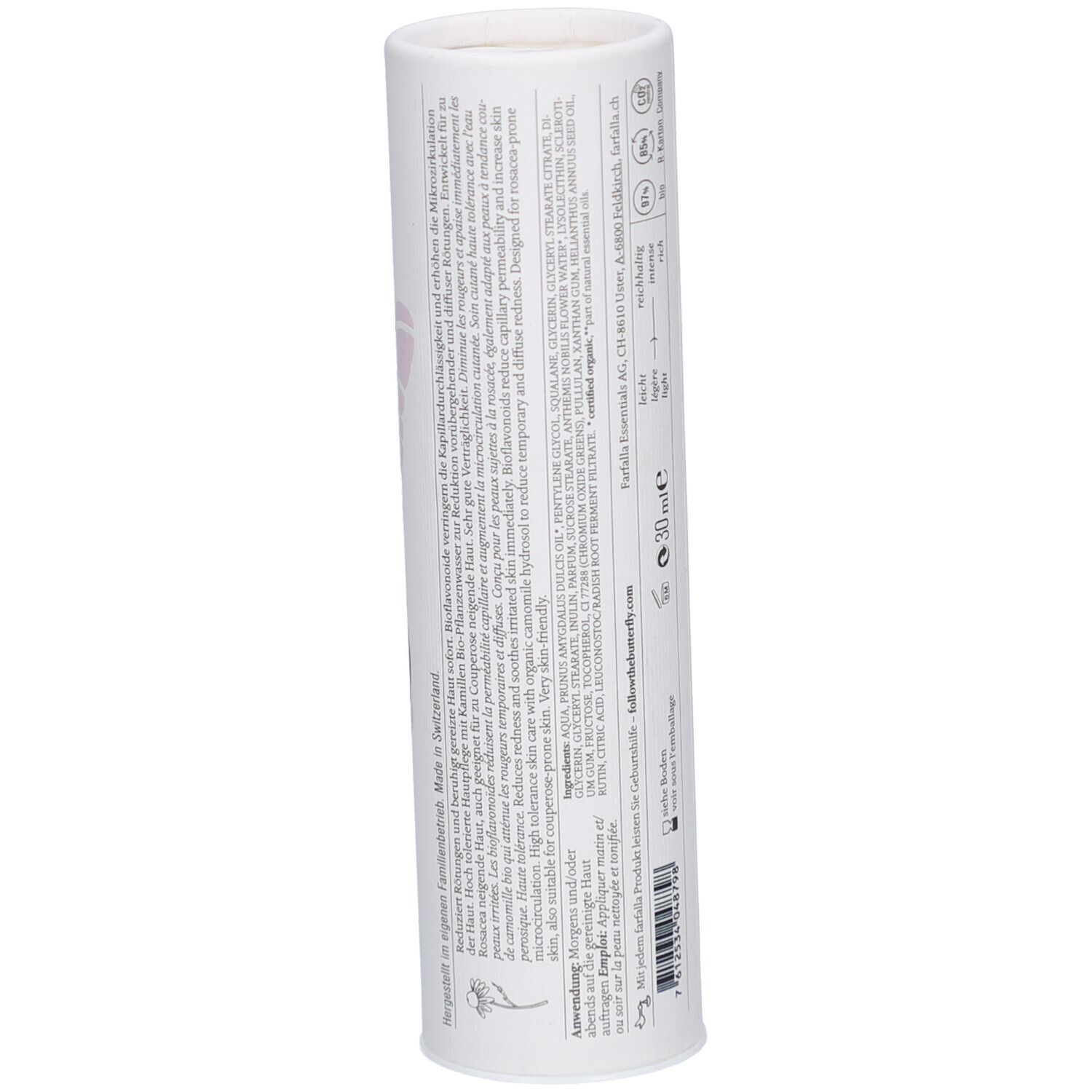 Zylindrische Verpackung, Text. Produktinformationen, Inhaltsstoffe, Herstelleradresse, Chargennummer, Barcode.