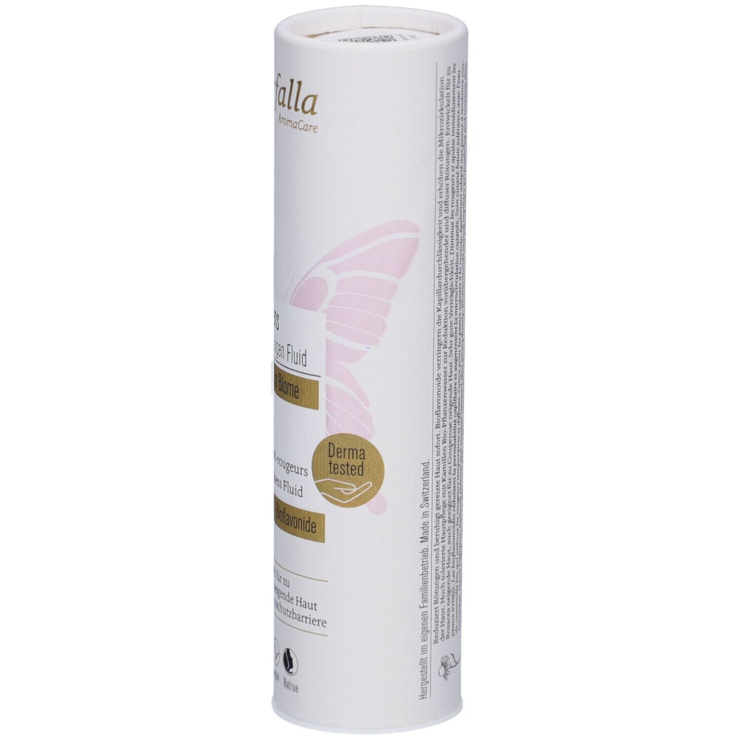 Zylindrische Verpackung, Detail. Text: Derma tested. Produktname, Marke: farfalla. Rosa Schmetterlingsmotiv.