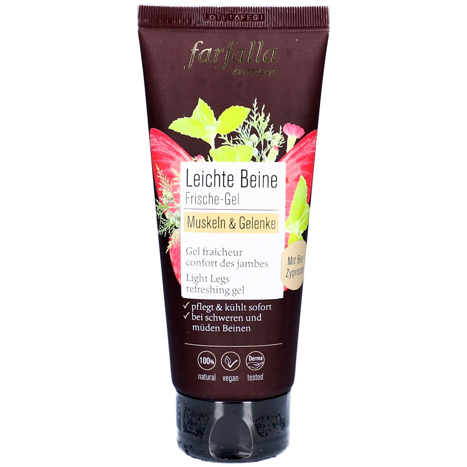 Tube marron avec logo Farfalla et texte 'Leichte Beine Frische-Gel'. Illustration de fraises et d'herbes. Avec labels Vegan et Dermatest.