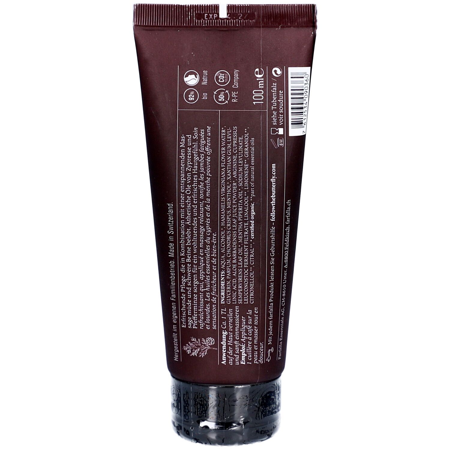 Dos du tube marron. Contient des informations sur les ingrédients, l'utilisation et le fabricant. Avec indication '100 ml'.
