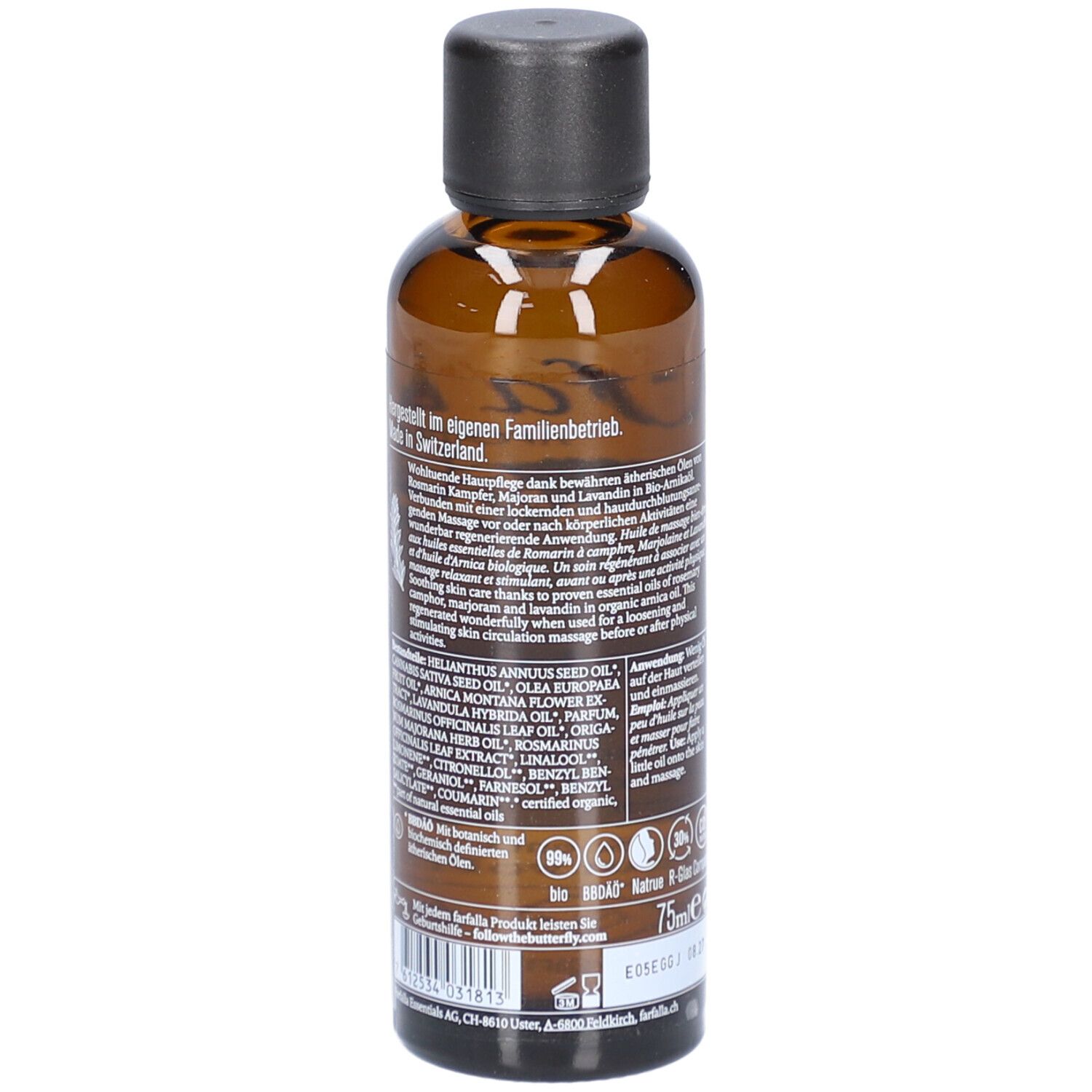 Braune Glasflasche mit schwarzem Deckel. Rückseite mit Text und Logos. Volumen: 75ml.
