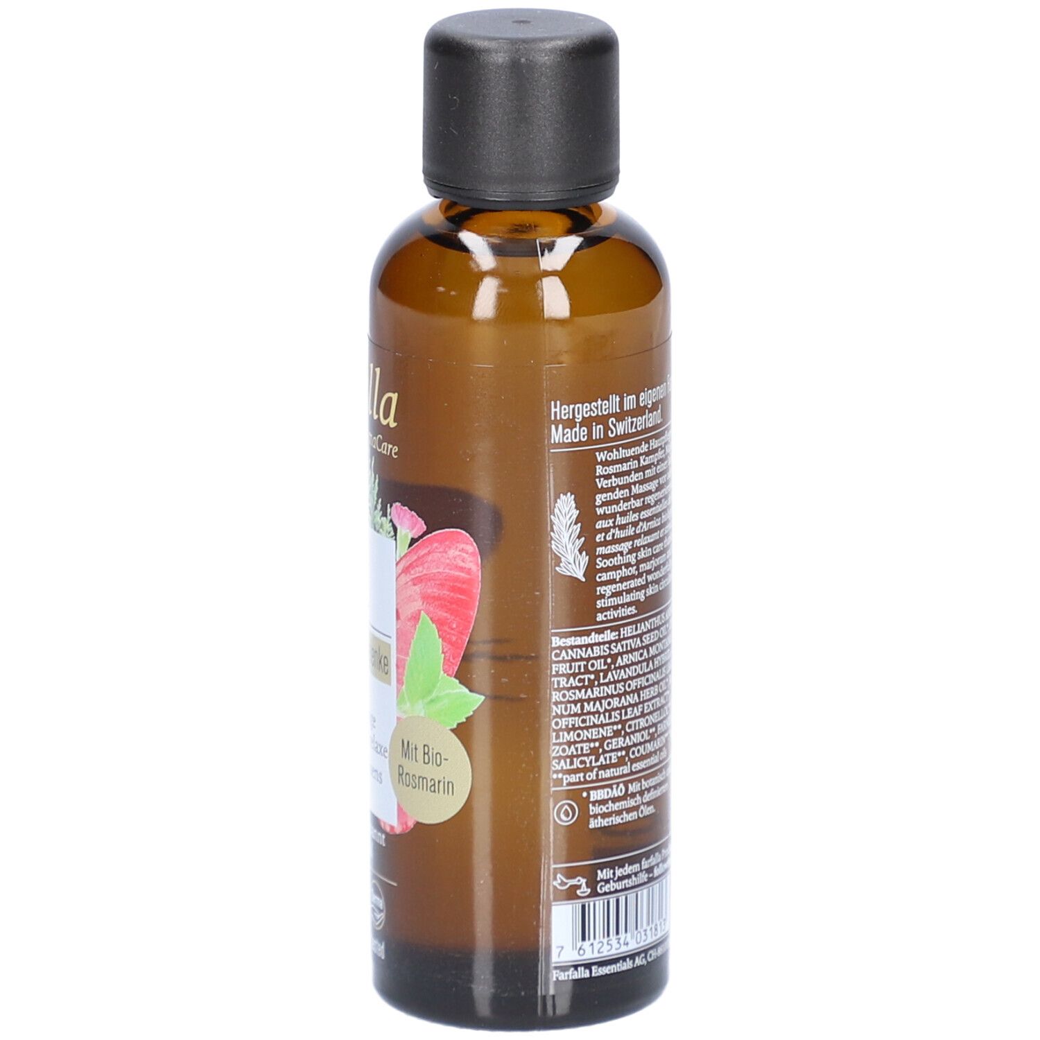 Braune Glasflasche mit schwarzem Deckel. Rückseite mit Text und Logos. Volumen: 75ml.