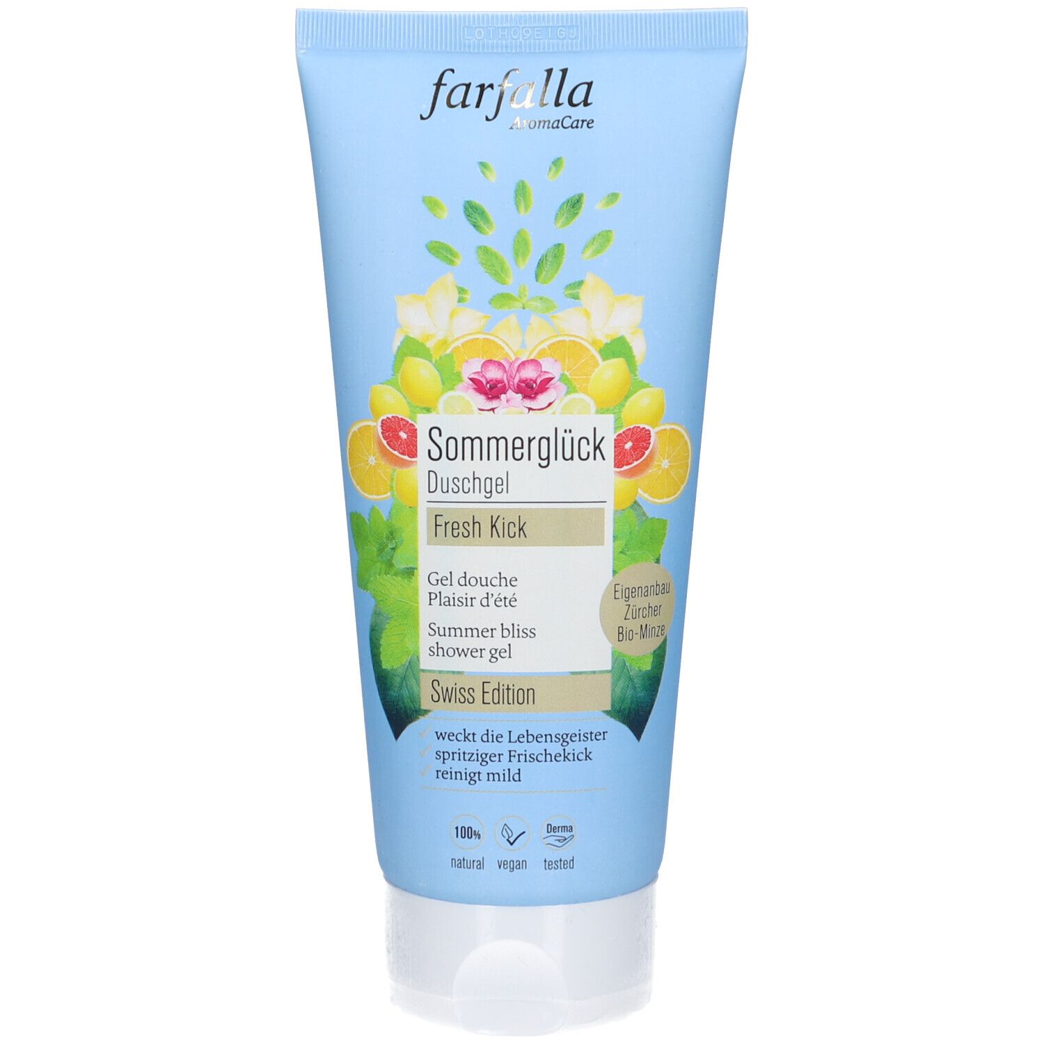 Hellblaue Tube mit Produktbezeichnung und Illustrationen von Früchten und Blättern. Schriftzug: Farfalla Sommerglück Duschgel.