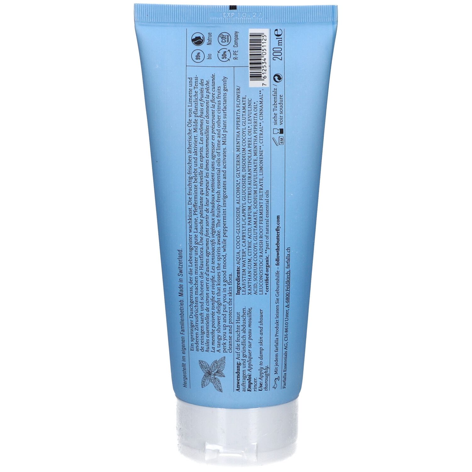 Rückseite einer hellblauen Tube. Text mit Inhaltsstoffen, Anwendungshinweisen und Herstellerinformationen. Oben: 200 ml.