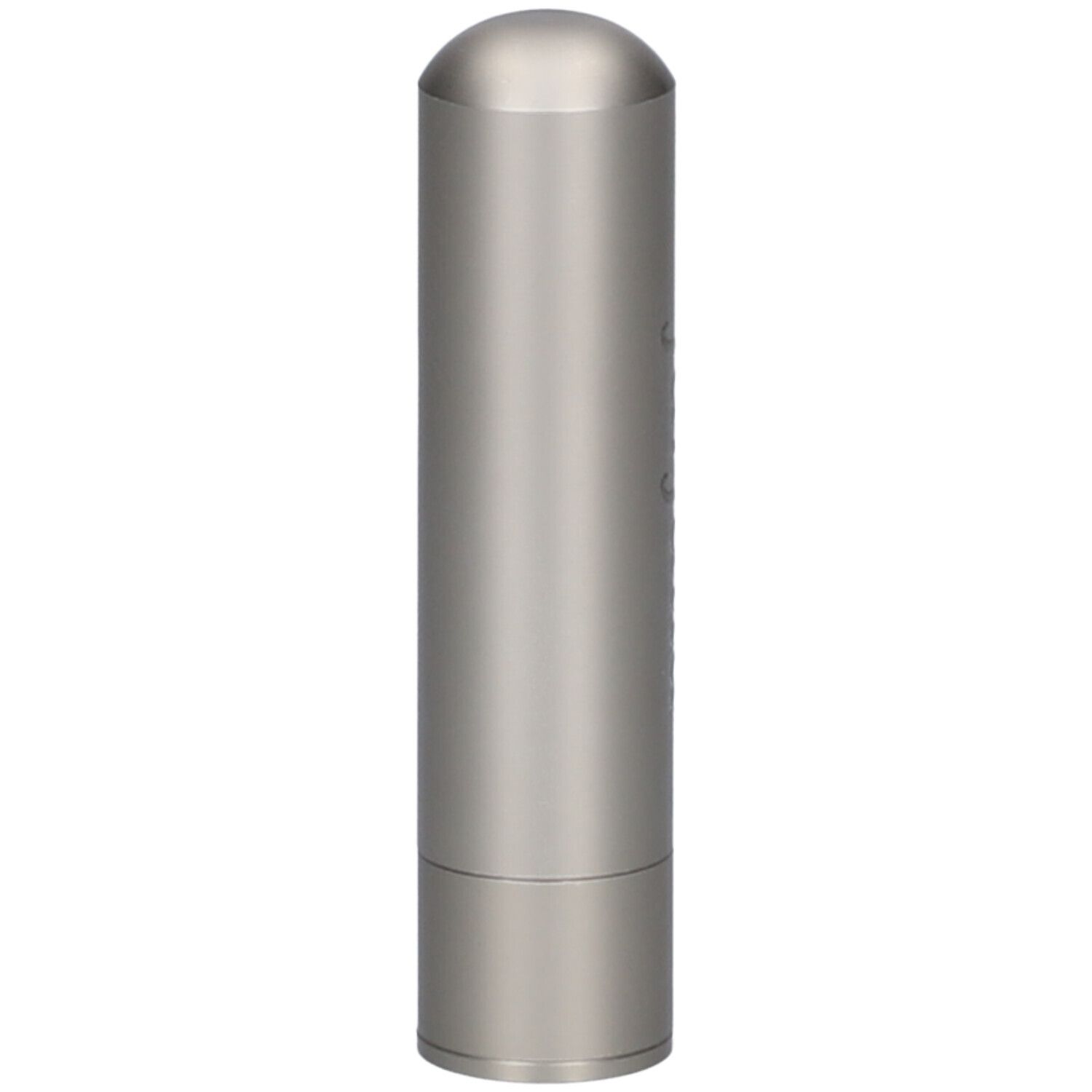 Stylo olfactif cylindrique beige en acier inoxydable, avec capuchon arrondi.