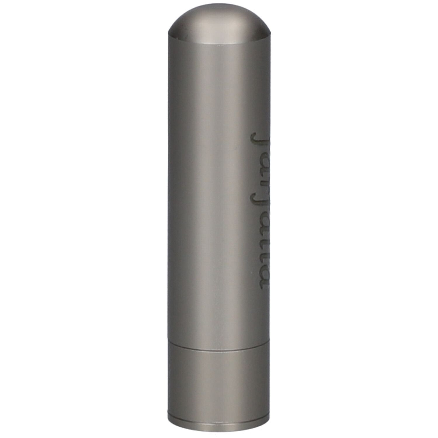Stylo olfactif cylindrique beige en acier inoxydable, avec texte et capuchon arrondi.