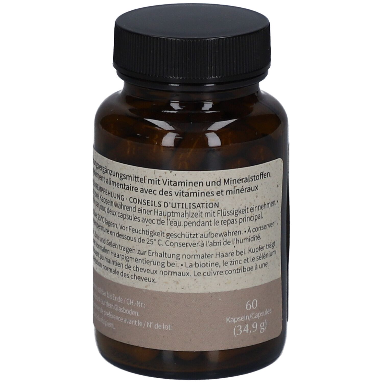 Dos du flacon. Texte sur l'étiquette. 60 gélules. Informations sur vitamines et minéraux.