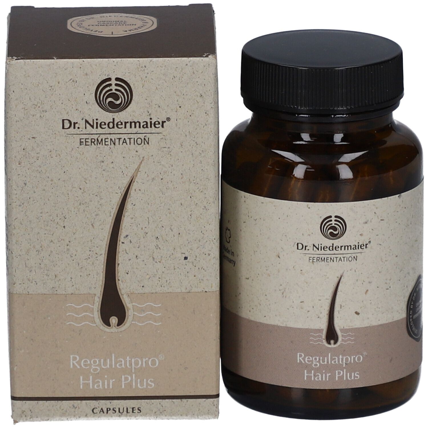 Flacon et boîte du produit. Flacon brun avec bouchon noir. Boîte avec logo et nom du produit.