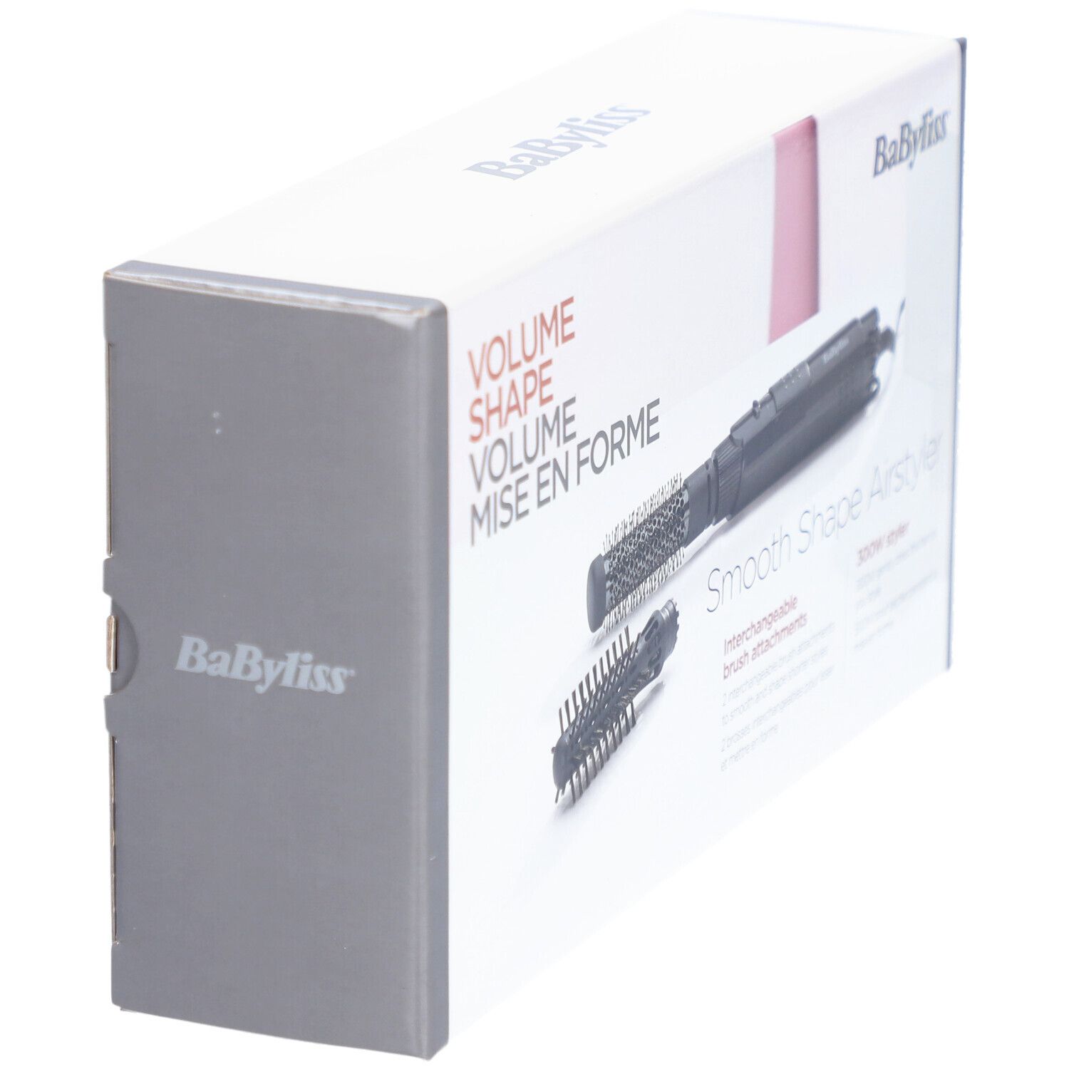 Boîte, logo BaByliss. Texte: Volume Shape Mise en Forme. Airstyler et deux brosses représentés.
