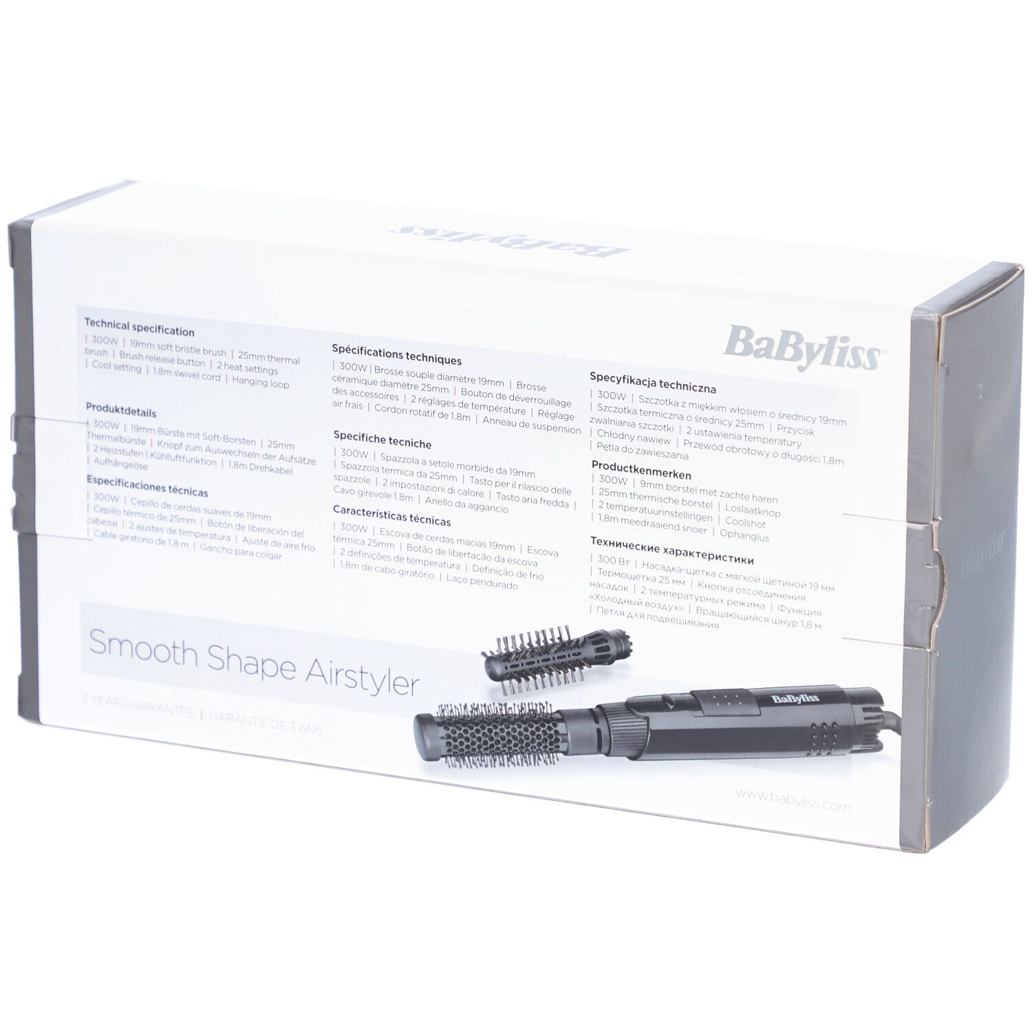 Dos de la boîte. Texte: Smooth Shape Airstyler. Données techniques et spécifications en plusieurs langues.