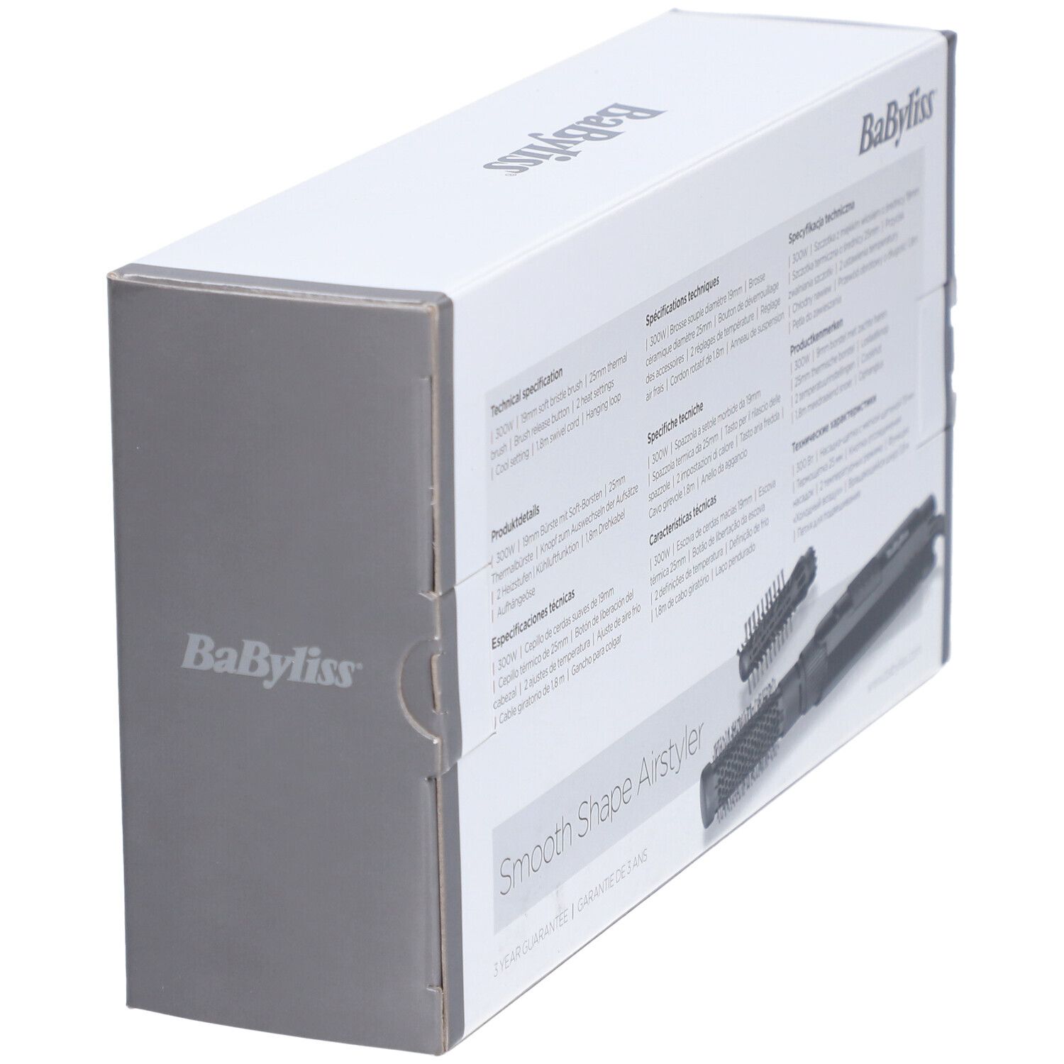 Boîte, logo BaByliss. Texte: Smooth Shape Airstyler. Données techniques et spécifications en plusieurs langues.