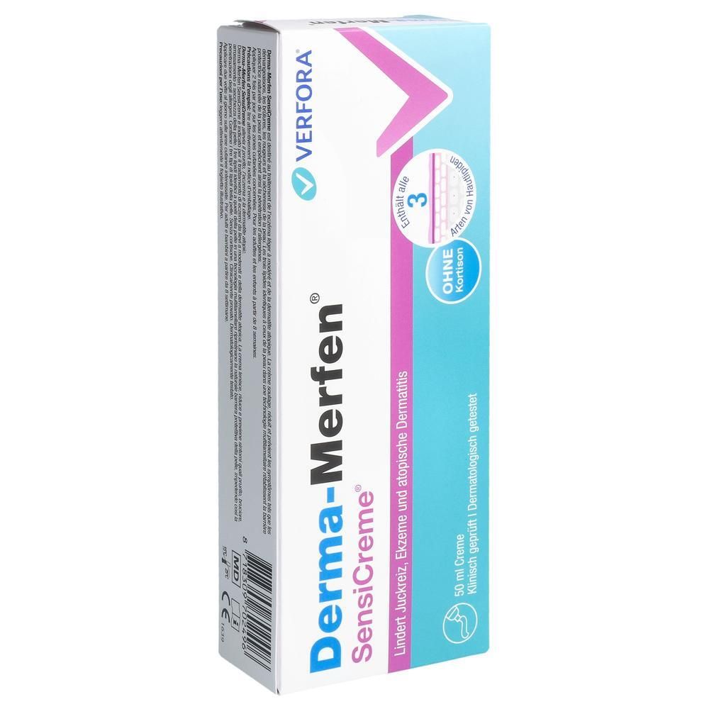 Verfora Derma-Merfen SensiCreme-Verpackung. Weiß, blau und rosa. Text: Derma-Merfen SensiCreme, lindert Juckreiz, Ekzeme und atopische Dermatitis.