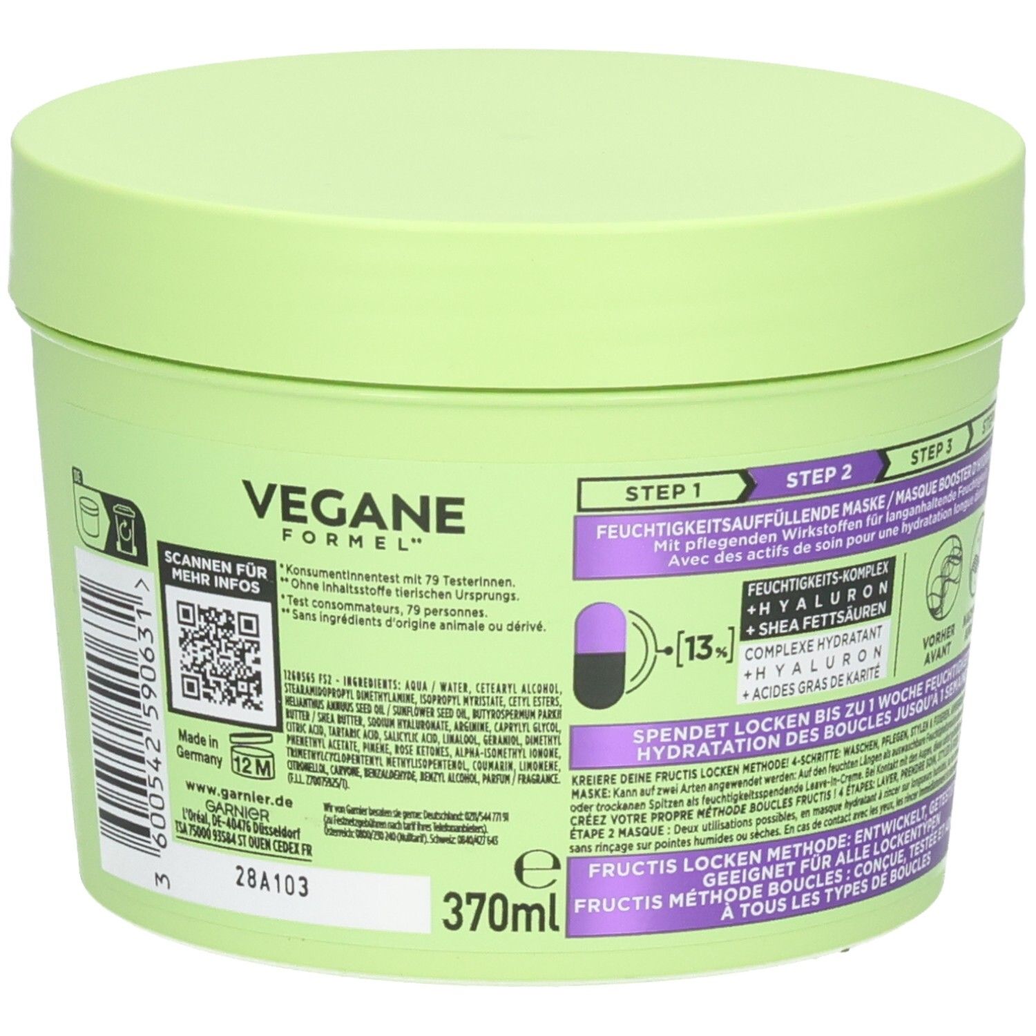 Grüner Tiegel mit Deckel. Aufschrift: GARNIER FRUCTIS, Locken Methode. Vegane Formel. Volumen: 370ml.