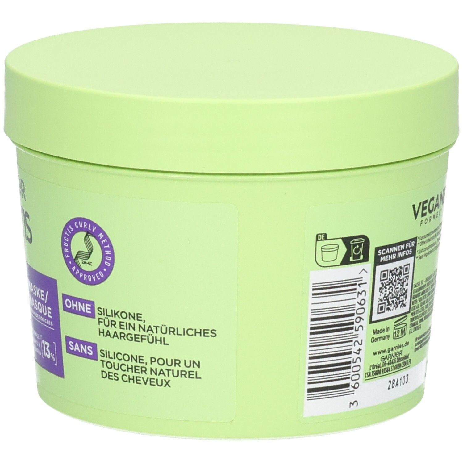 Rückseite des grünen Tiegels. Aufschrift: GARNIER FRUCTIS, Locken Methode. Vegane Formel. Ohne Silikone.