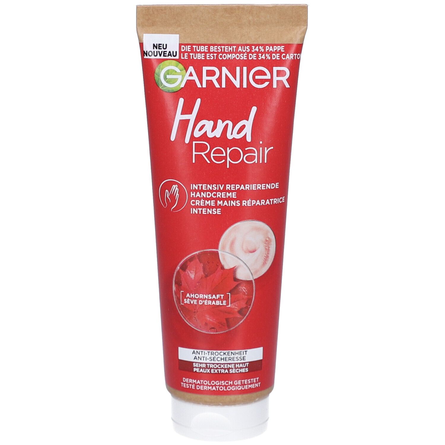 Rote Tube Garnier Hand Repair Handcreme. Oben Papier, Text: Hand Repair, Ahornsaft, intensiv reparierende Handcreme.