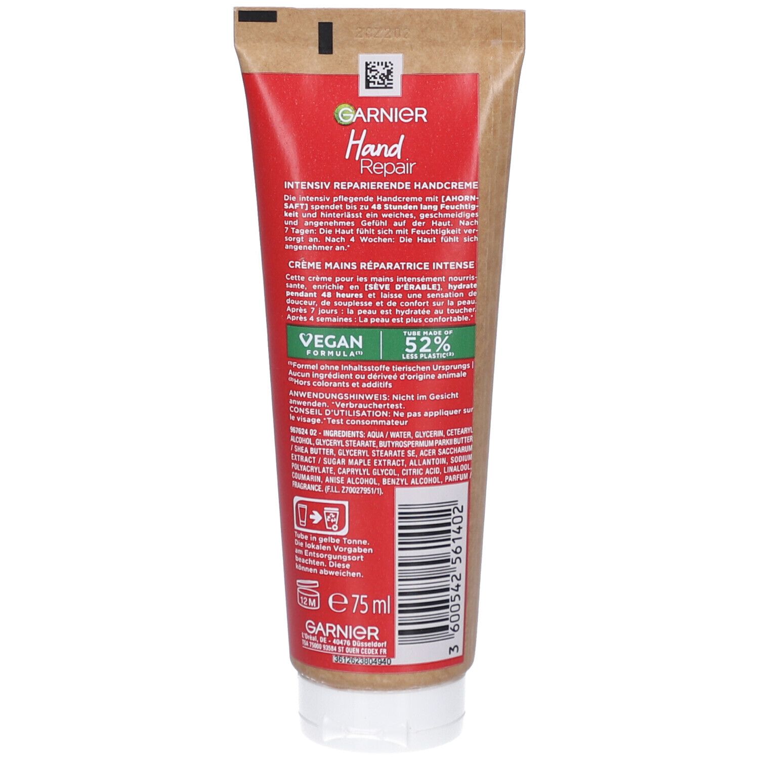 Rückseite der Handcreme-Tube. Text: Garnier Hand Repair, intensiv reparierende Handcreme, vegan, 52% Plastik, Inhaltsstoffe, 75 ml.