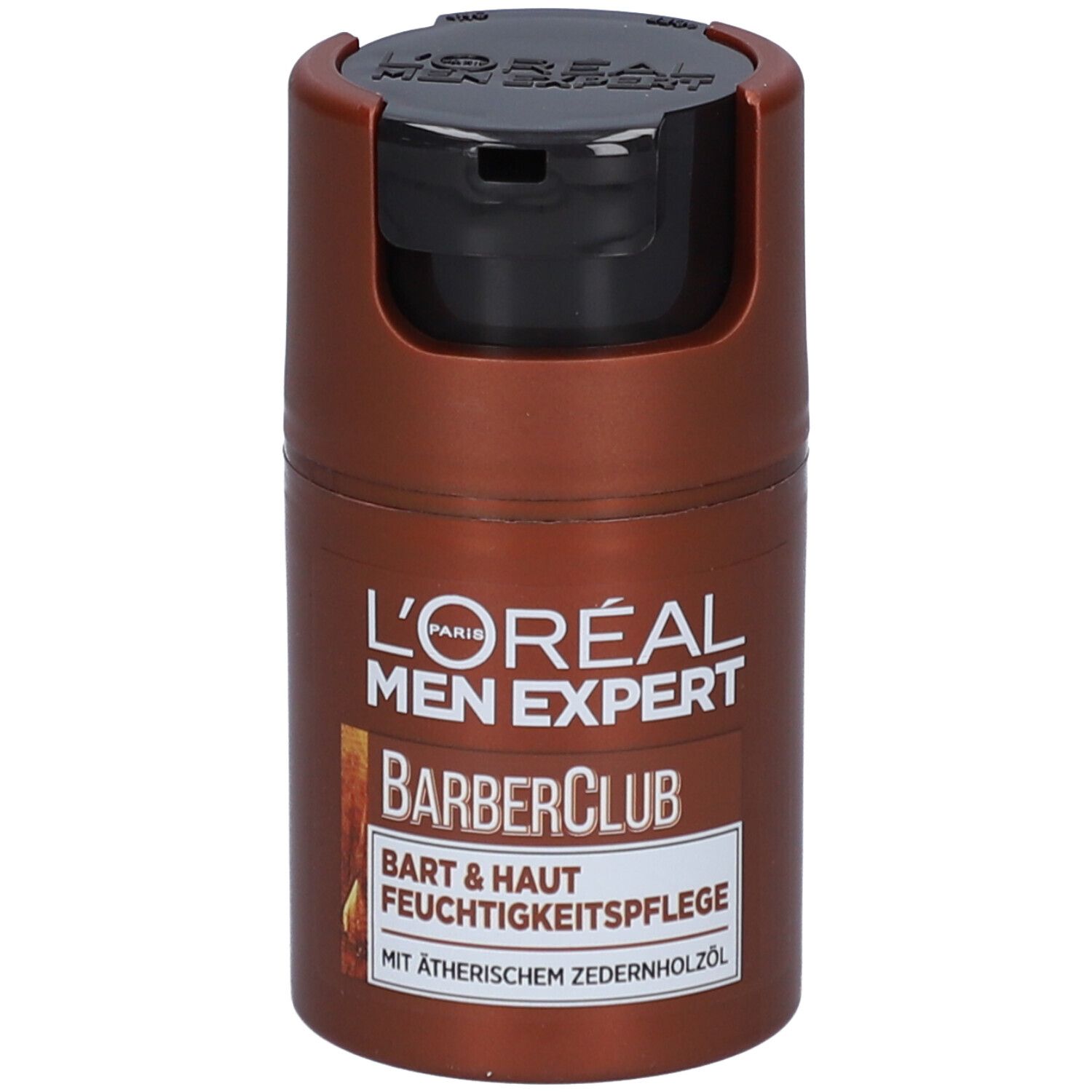Flacon marron avec bouchon noir. L'Oréal Men Expert BarberClub Soin hydratant visage et barbe.
