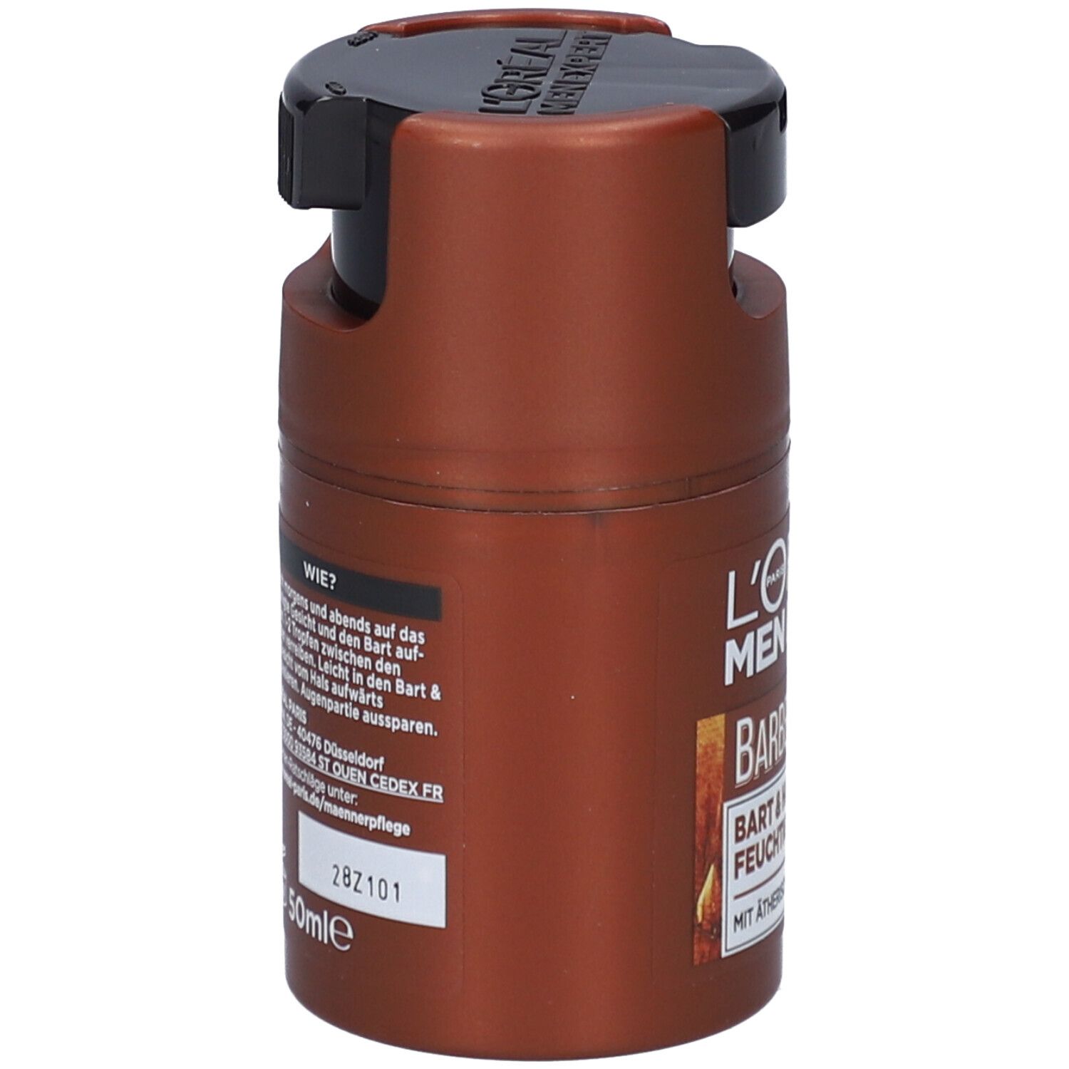 Flacon marron avec bouchon noir. L'Oréal Men Expert BarberClub. Texte sur le côté.