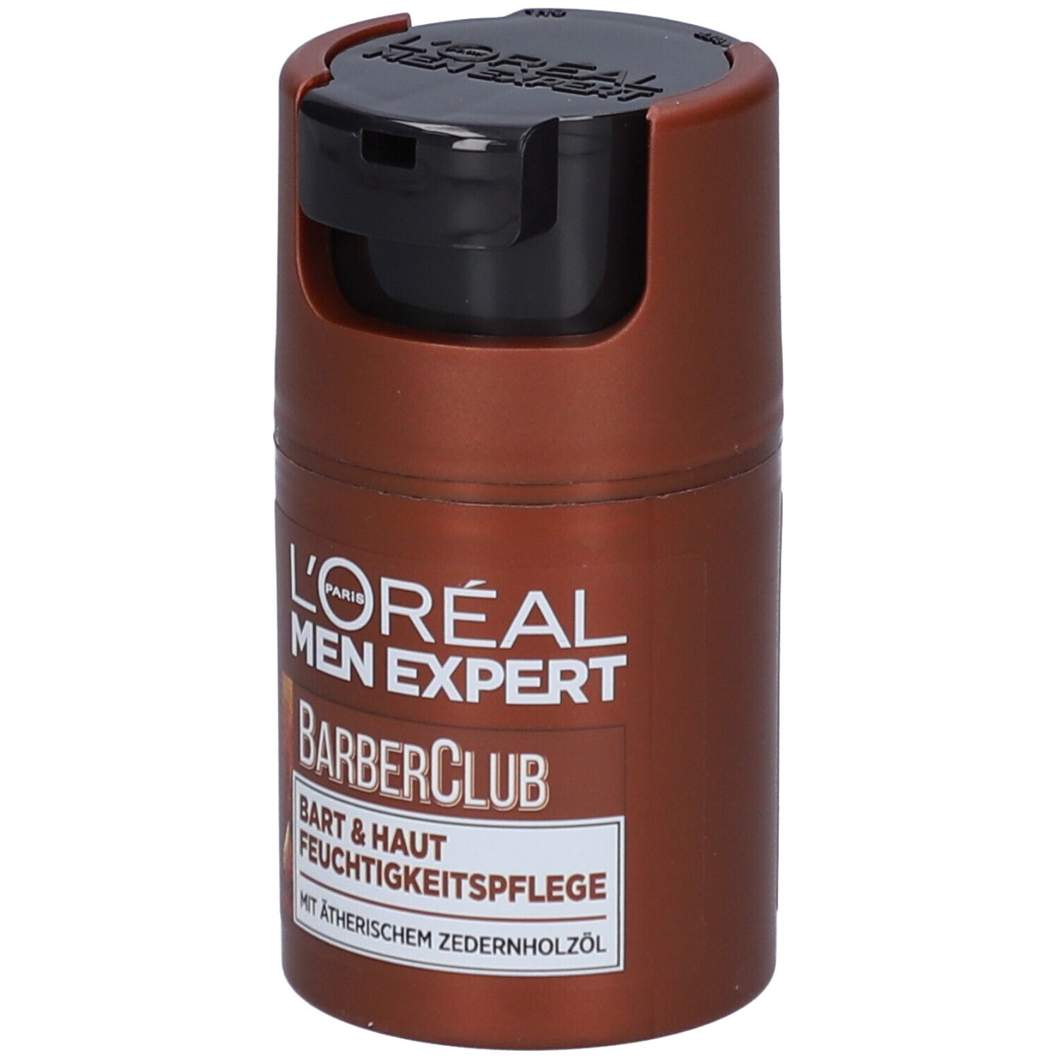Flacon marron avec bouchon noir. L'Oréal Men Expert BarberClub Soin hydratant visage et barbe.