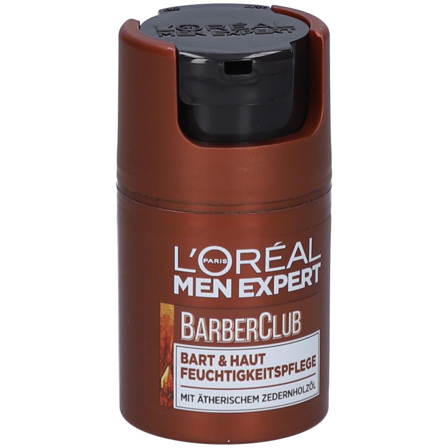 Flacon marron avec bouchon noir. L'Oréal Men Expert BarberClub Soin hydratant visage et barbe.