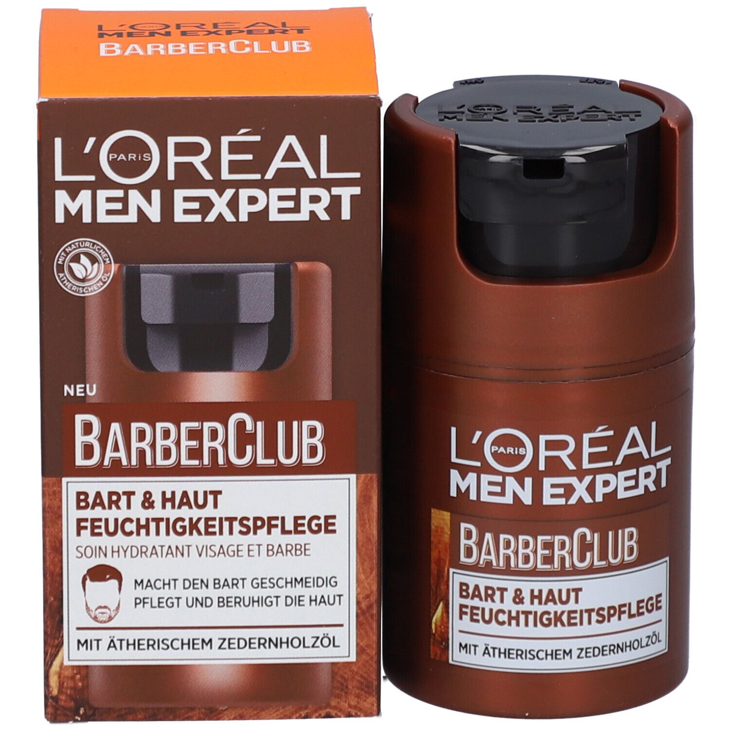 Produit et emballage. L'Oréal Men Expert BarberClub Soin hydratant visage et barbe. Boîte orange.