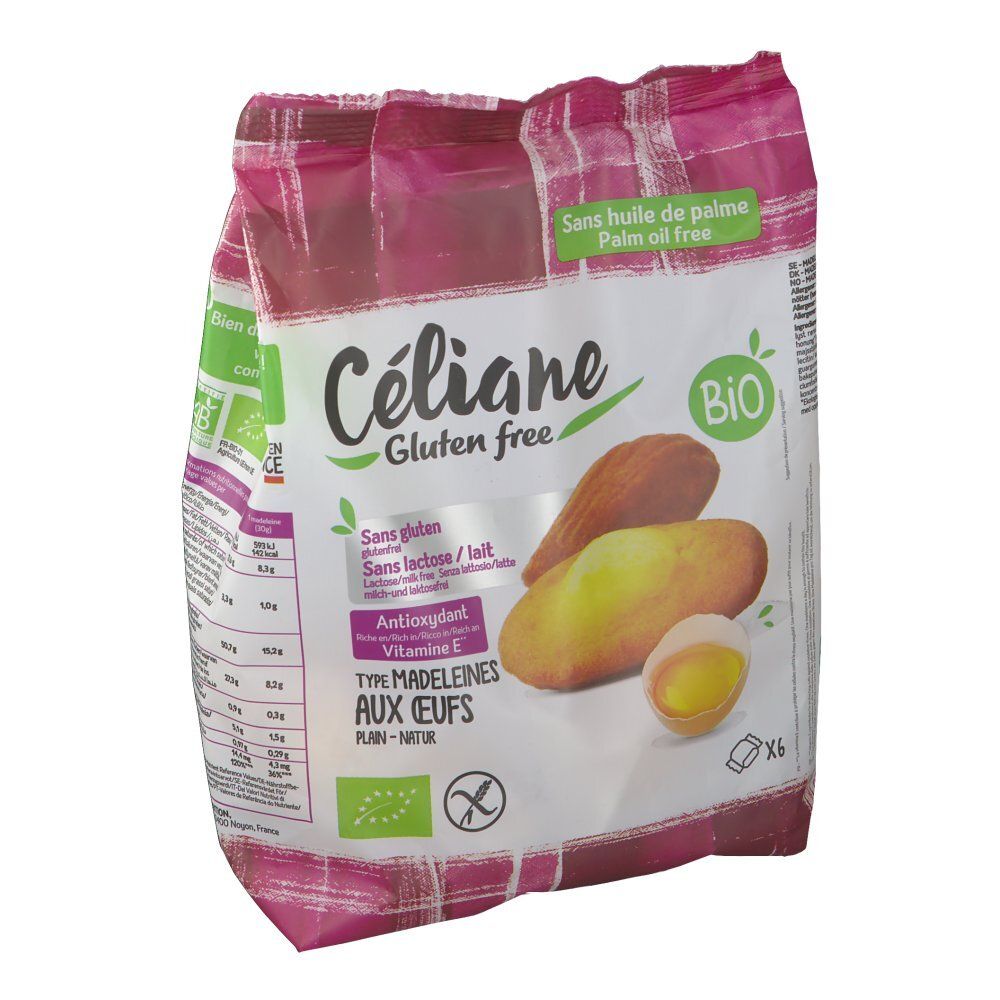 Paquet de Madeleines sans gluten Céliane. Label BIO, sans gluten, sans lactose. Illustration de madeleines et d'un œuf.