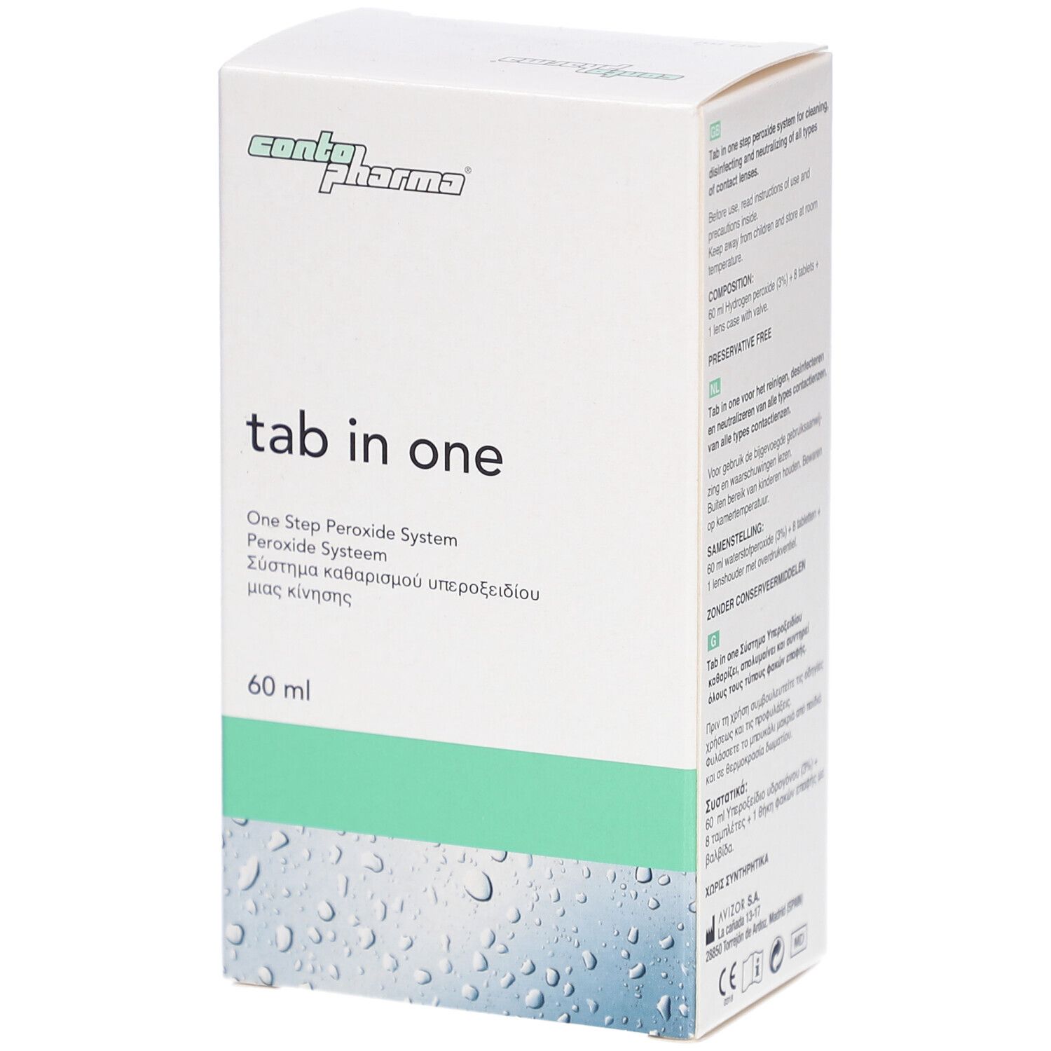 Weiße Verpackung mit grünem Streifen. Aufschrift: tab in one, 60 ml. Logo: contopharma. Text in mehreren Sprachen.