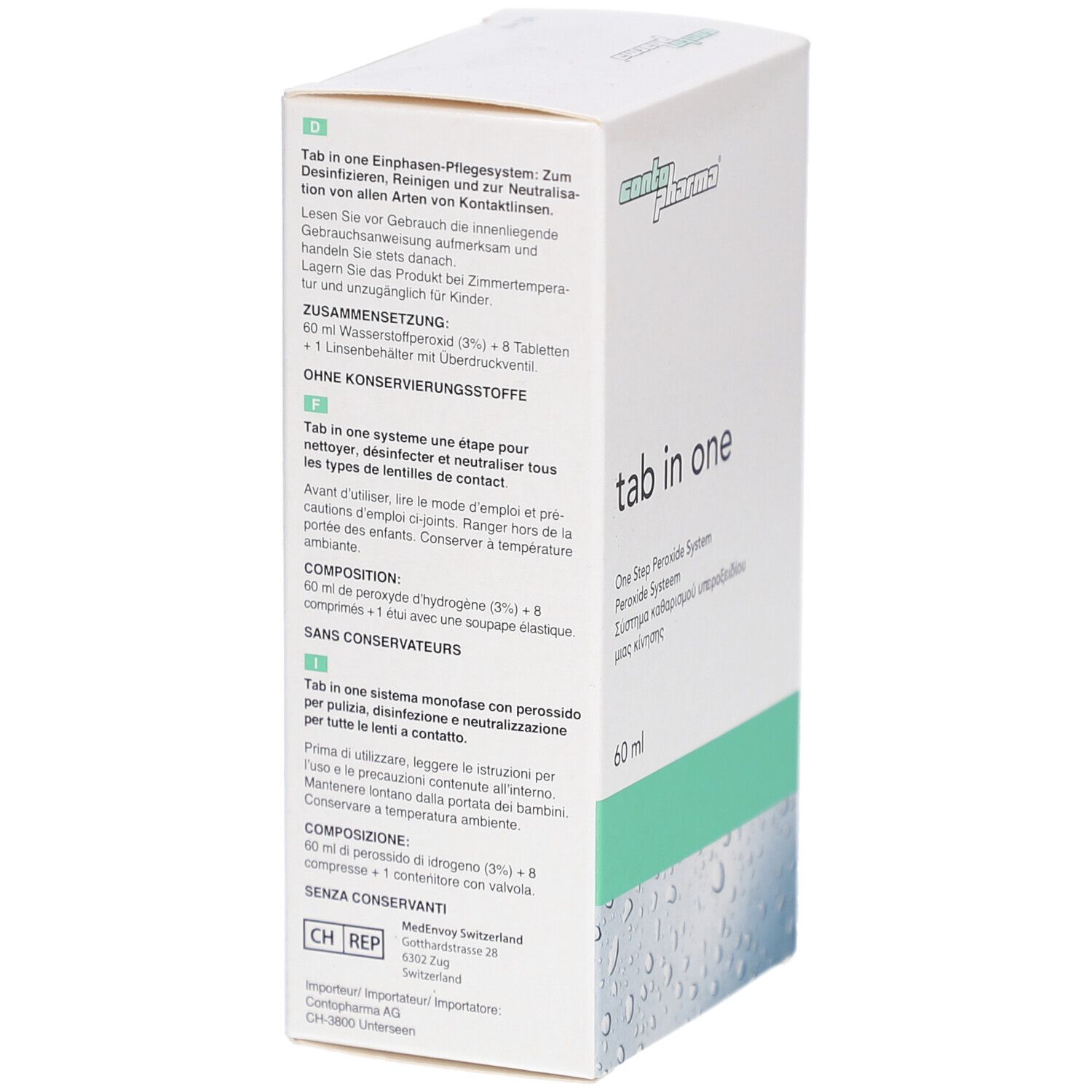 Weiße Verpackung, Seitenansicht. Aufschrift: tab in one, 60 ml. Logo: contopharma. Text in mehreren Sprachen.