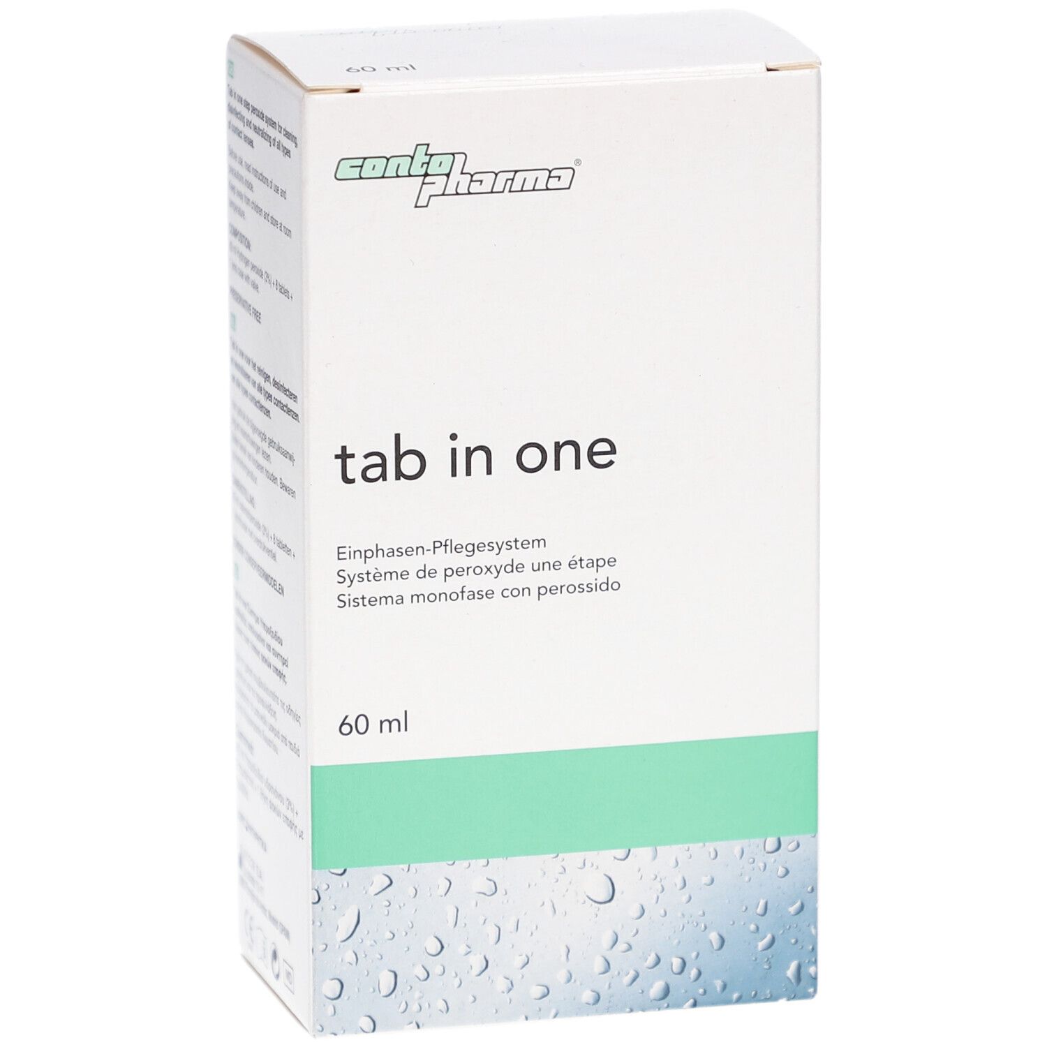 Weiße Verpackung mit grünem Streifen. Aufschrift: tab in one, 60 ml. Logo: contopharma.