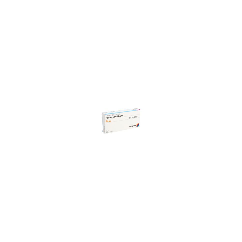 Schachtel mit Fesoterodin Mepha Ret Tabl 4 mg. Aufschrift: 4 mg, Mepha, Logo. Weiß-orangefarbene Verpackung.