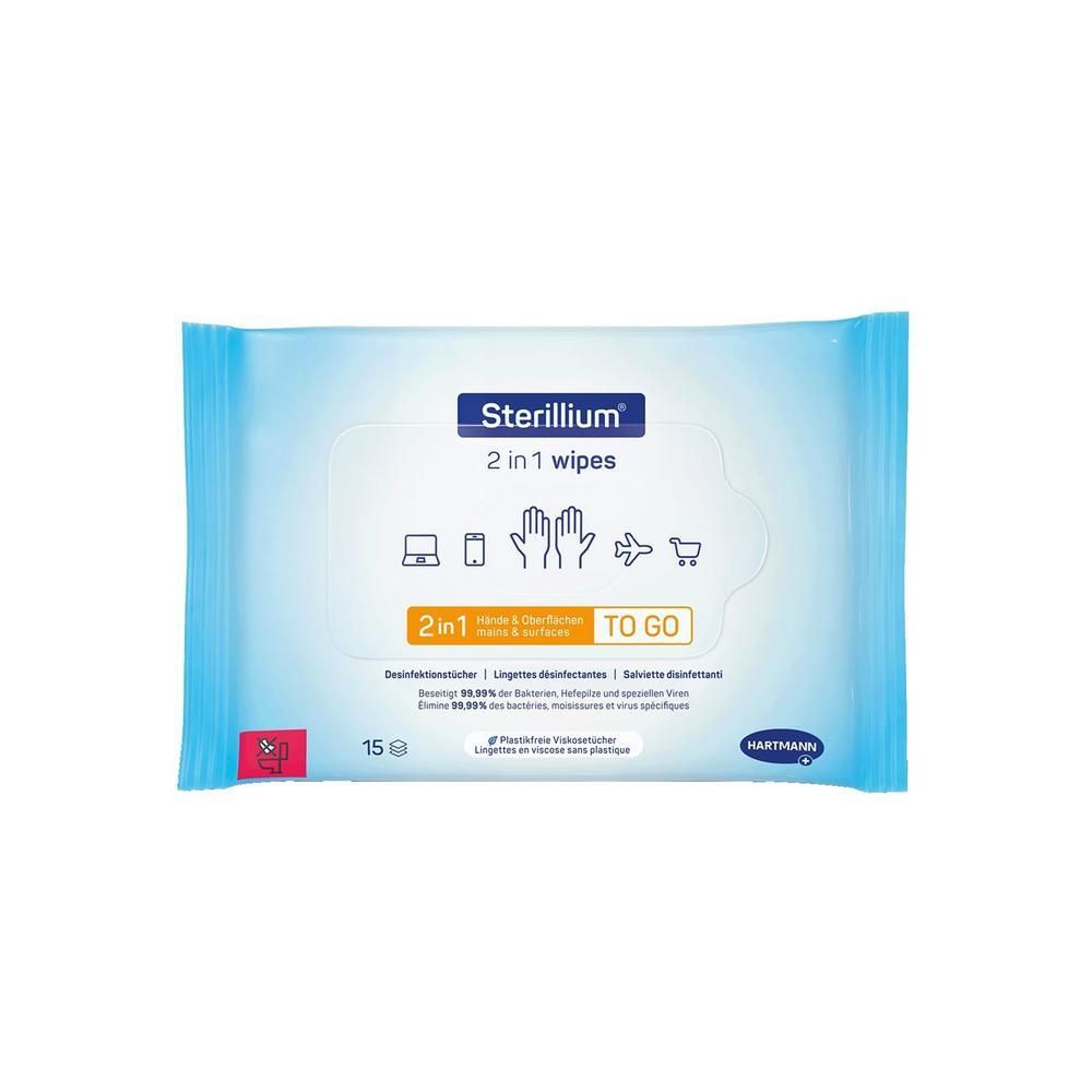 Emballage bleu et blanc avec logo "Sterillium 2 in 1 wipes". Contient 15 lingettes. Icônes pour mains, surfaces, etc. sont visibles.