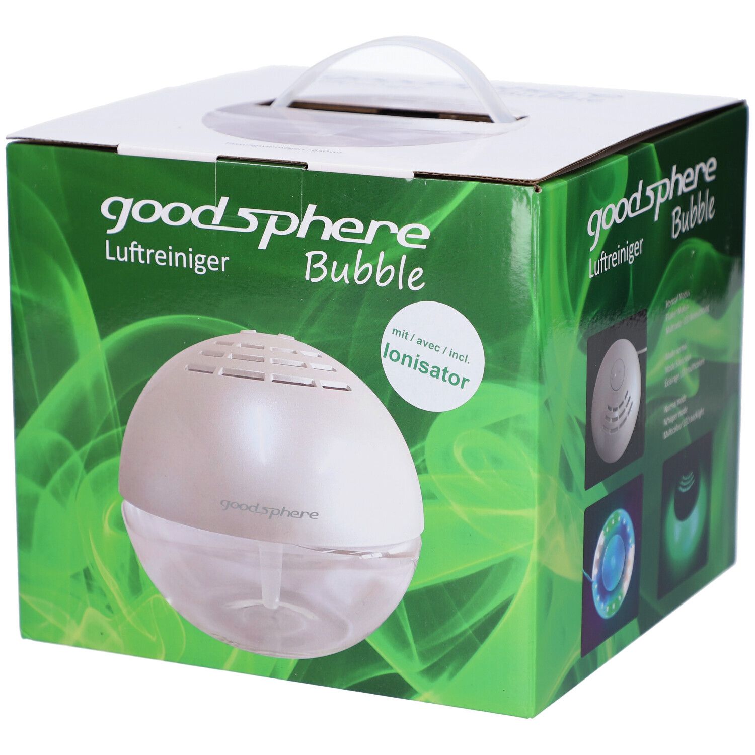 Emballage GOODSPHERE Bubble. Sphère blanche et transparente avec poignée. Emballage vert avec image du produit.