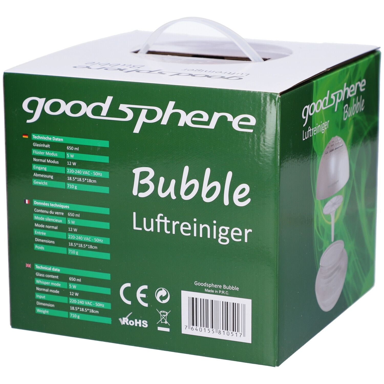 Emballage GOODSPHERE Bubble. Données techniques, marquage CE, logo RoHS. Emballage vert avec poignée.