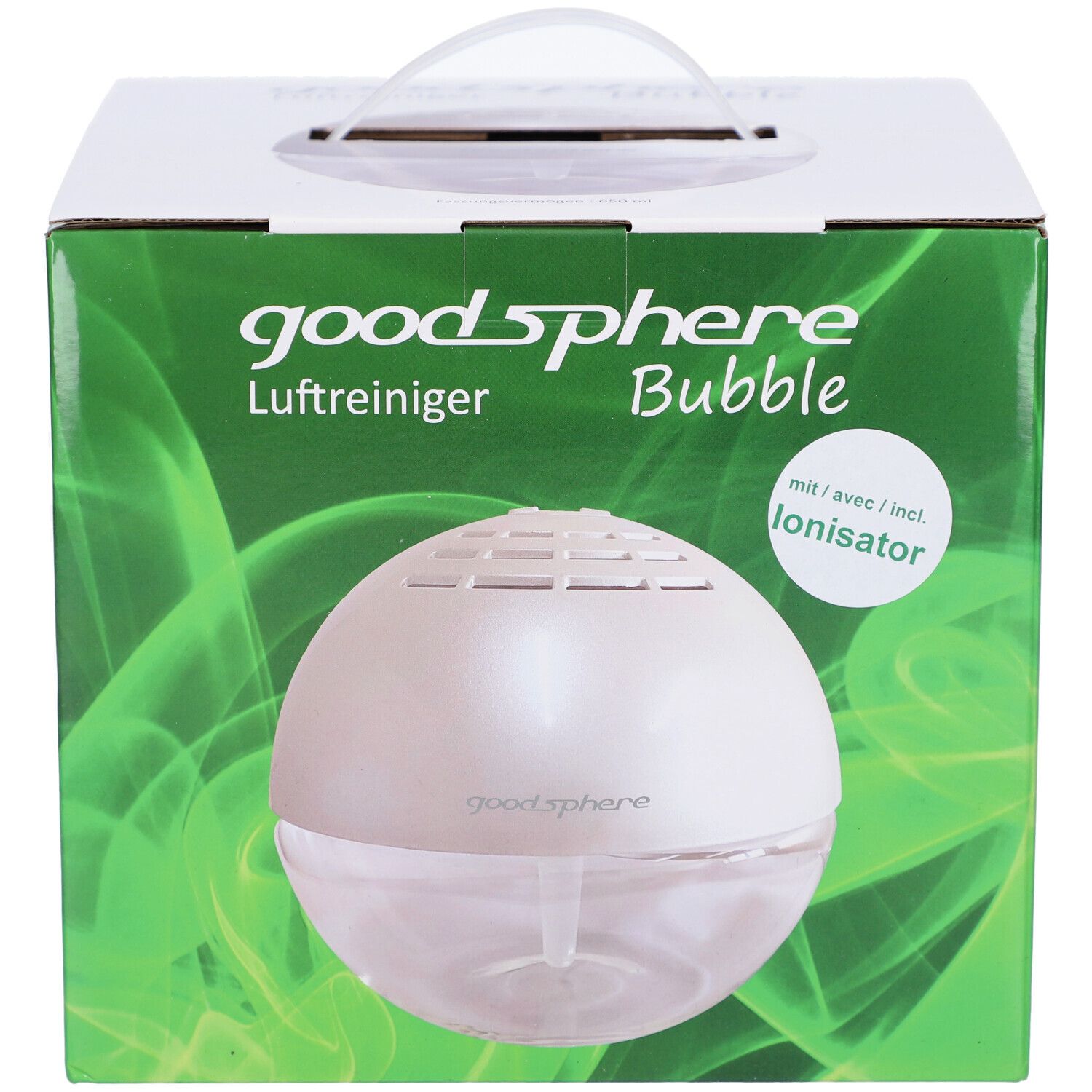 GOODSPHERE Bubble, sphérique. Sphère blanche et transparente avec poignée. Emballage vert avec image du produit.