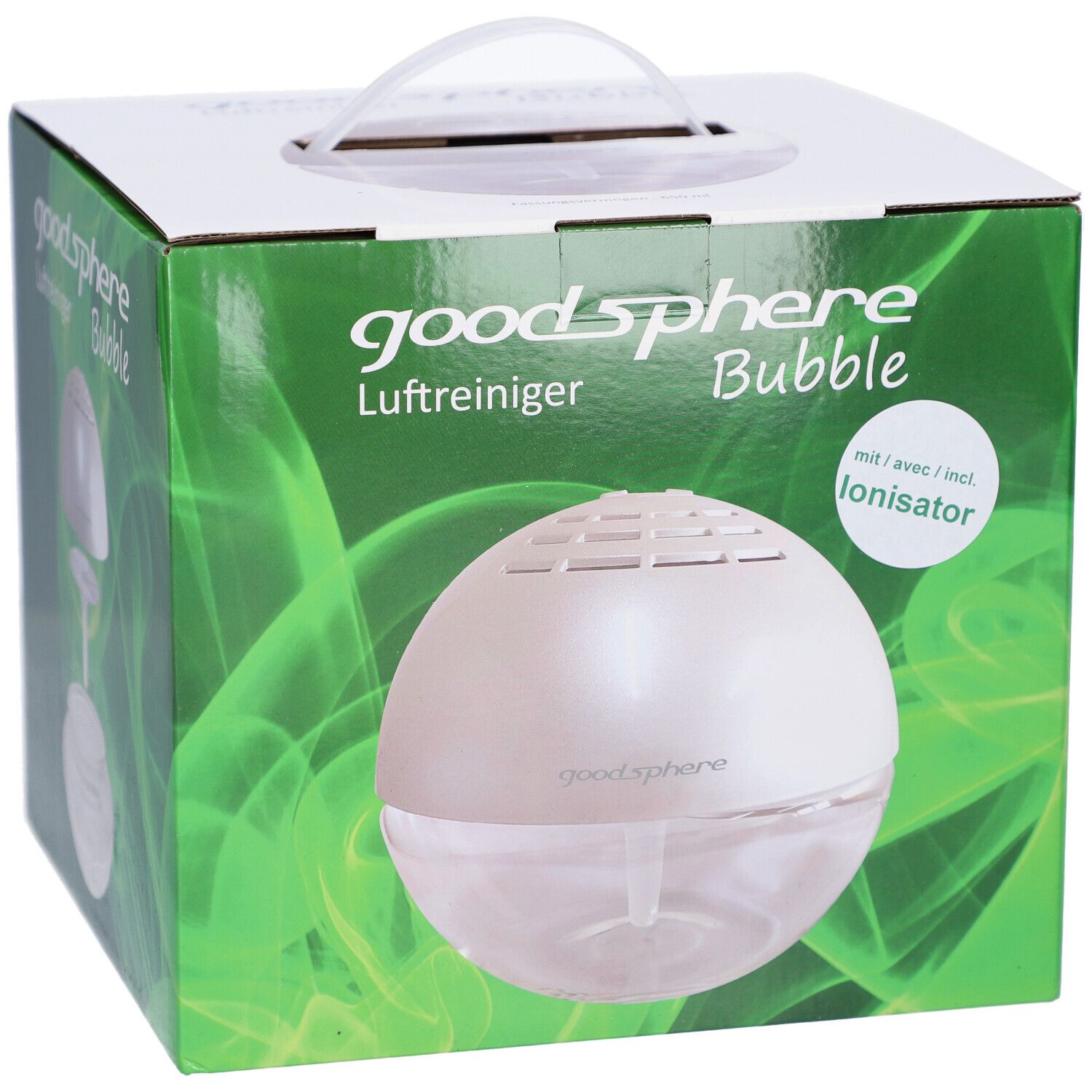 GOODSPHERE Bubble, sphérique. Sphère blanche et transparente avec poignée. Emballage vert avec image du produit.