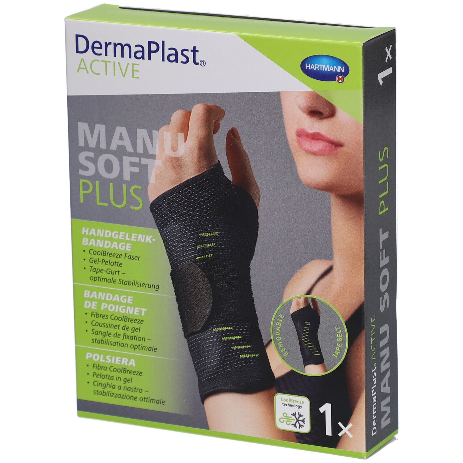 Verpackung der DermaPlast ACTIVE Manu Soft Plus Handgelenkbandage. Zeigt die Bandage am Handgelenk. Grün-schwarzes Design.