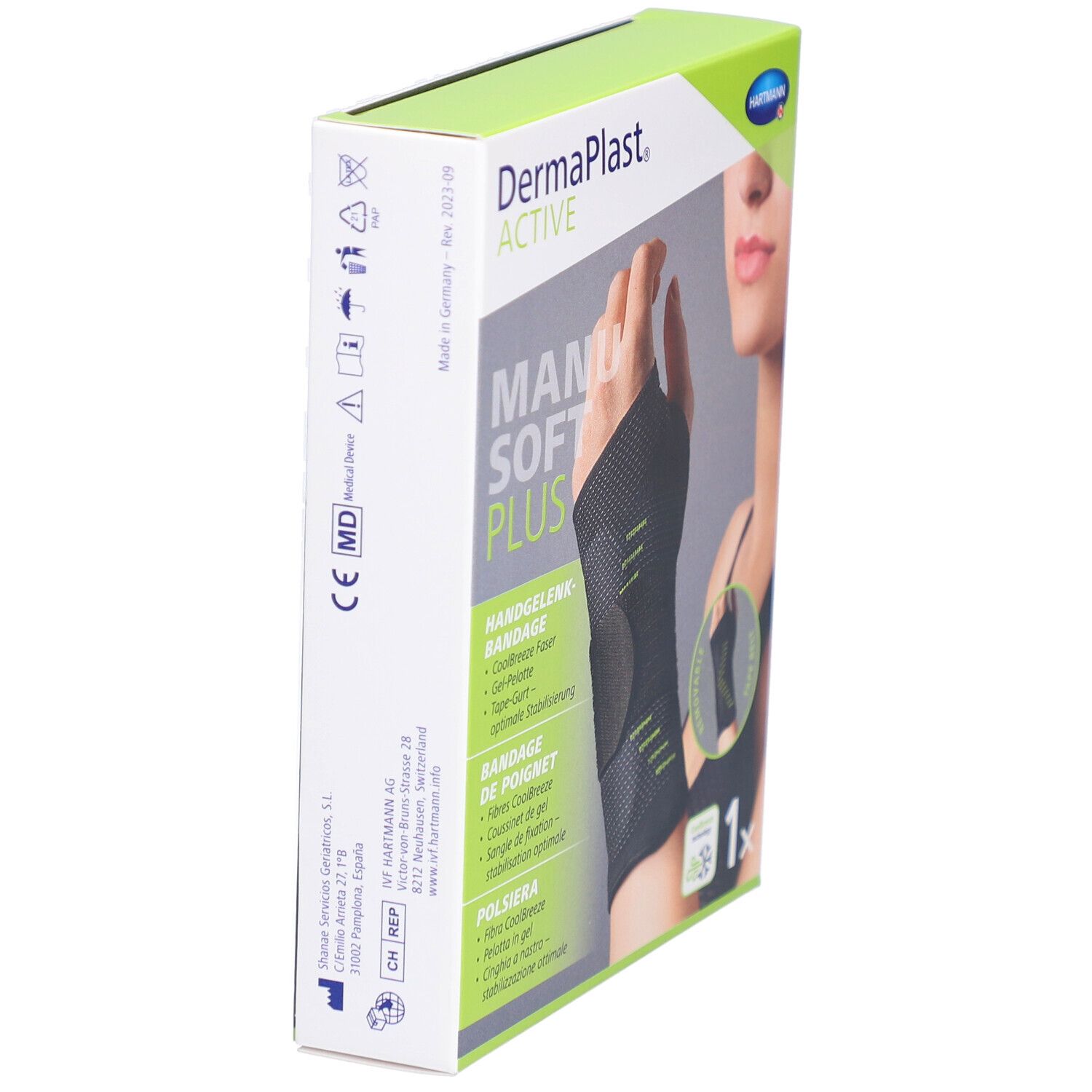 Verpackung der DermaPlast ACTIVE Manu Soft Plus Handgelenkbandage. Seitenansicht. Grün-schwarzes Design. CE-Kennzeichnung.