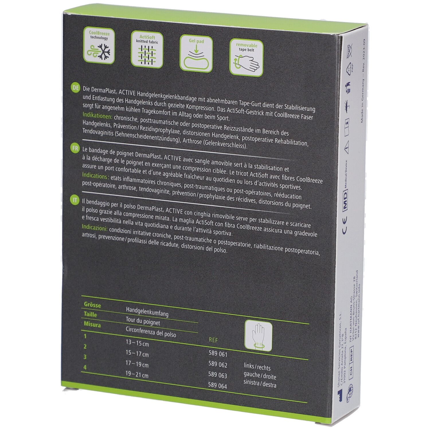 Rückseite der Verpackung der DermaPlast ACTIVE Manu Soft Plus Handgelenkbandage. Produktinformationen und Größenangaben.