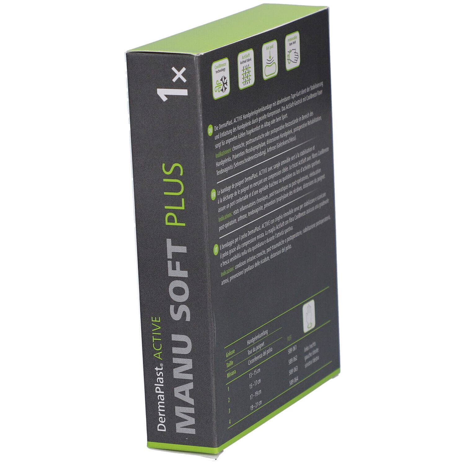 Seitenansicht der Verpackung der DermaPlast ACTIVE Manu Soft Plus Handgelenkbandage. Produktname und Größenangaben.