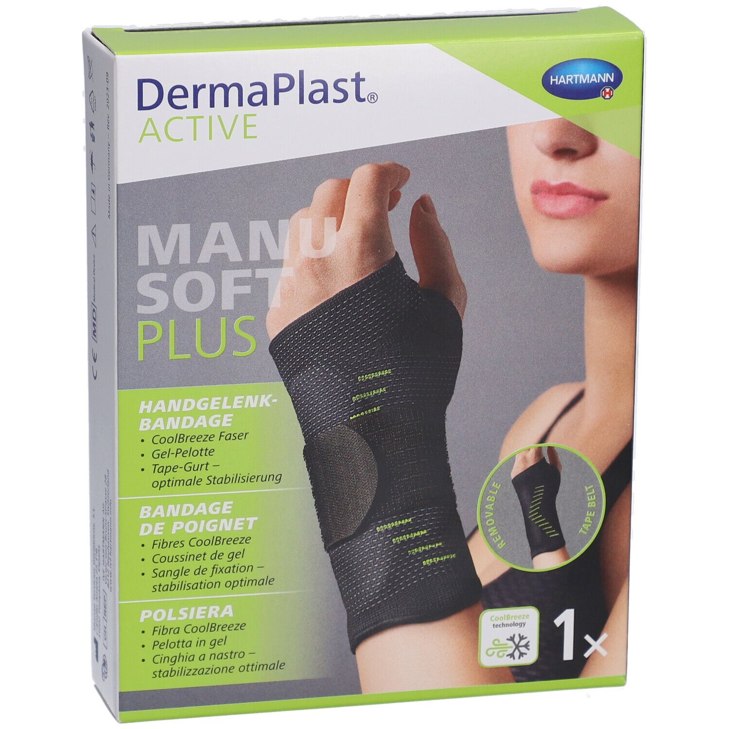 Verpackung der DermaPlast ACTIVE Manu Soft Plus Handgelenkbandage. Zeigt die Bandage am Handgelenk. Grün-schwarzes Design.