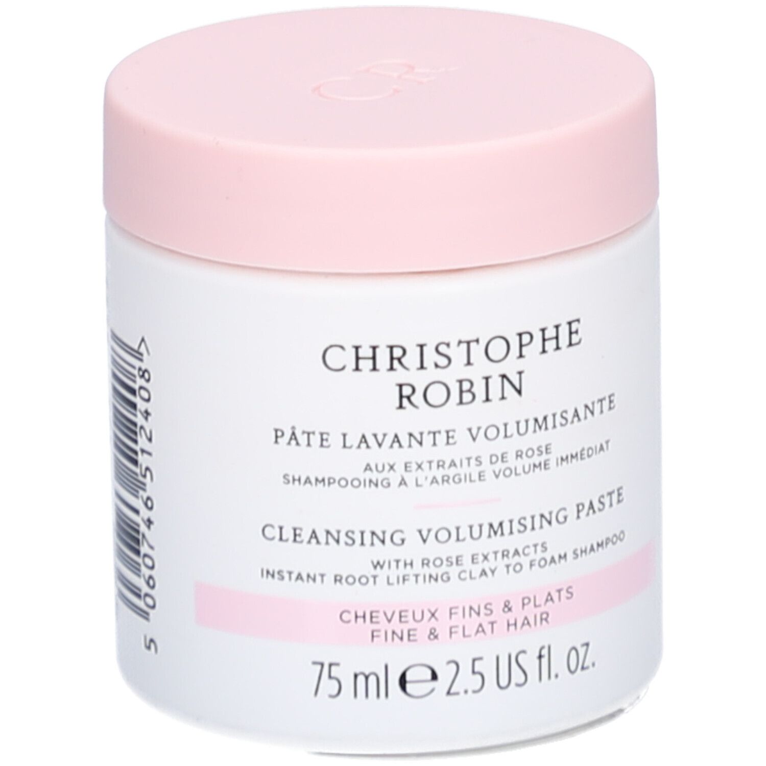 Pot blanc avec couvercle rose. Inscription: Christophe Robin, Pâte Lavante Volumisante, 75 ml.