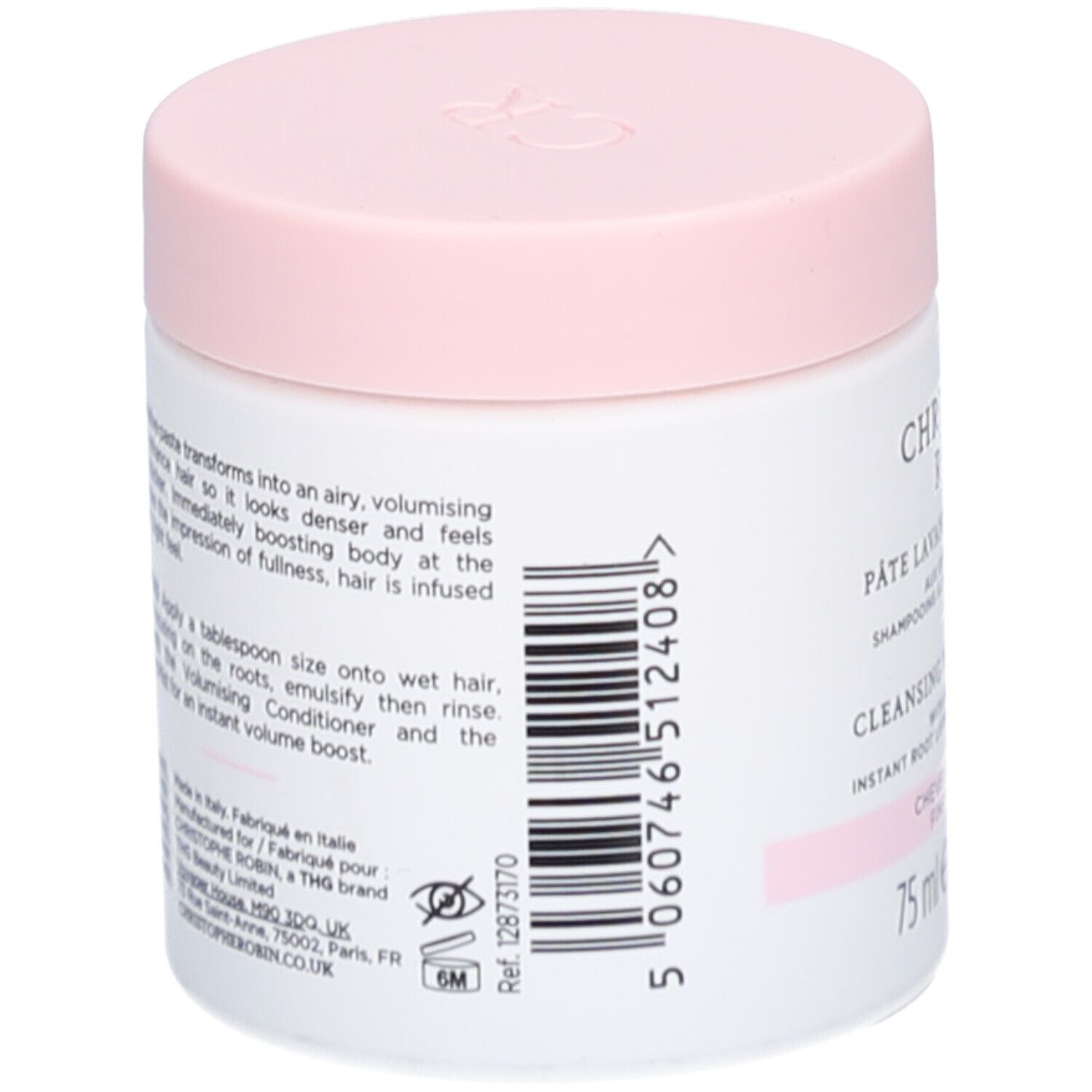 Pot blanc avec couvercle rose. Inscription et code-barres. Texte en anglais et français.