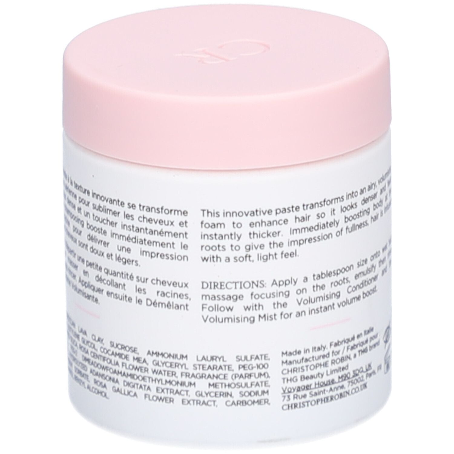Pot blanc avec couvercle rose. Texte en anglais et français. Liste des ingrédients.
