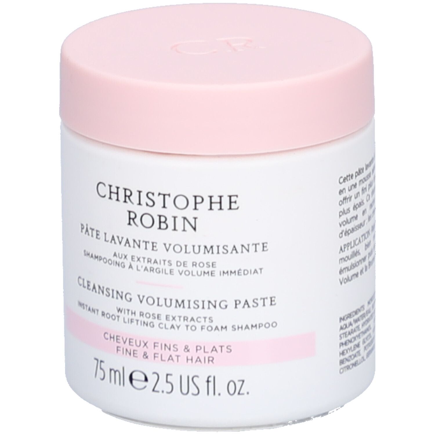 Pot blanc avec couvercle rose. Inscription: Christophe Robin, Pâte Lavante Volumisante, 75 ml.